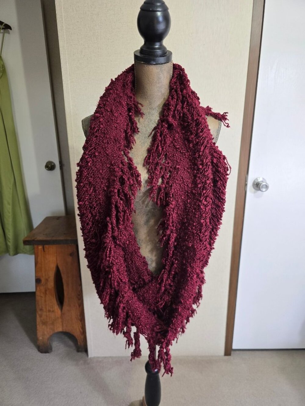 Burgundy Knit Acrylic Fringe Infinity Scarf Lightweight